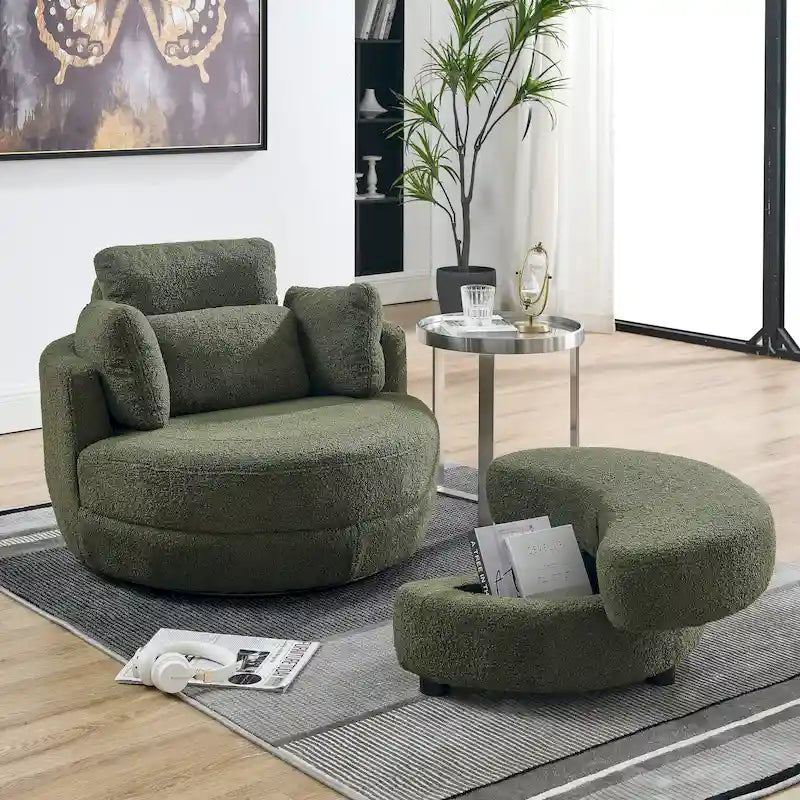 Fauteuil tonneau pivotant vert Ern 52 avec pouf de rangement