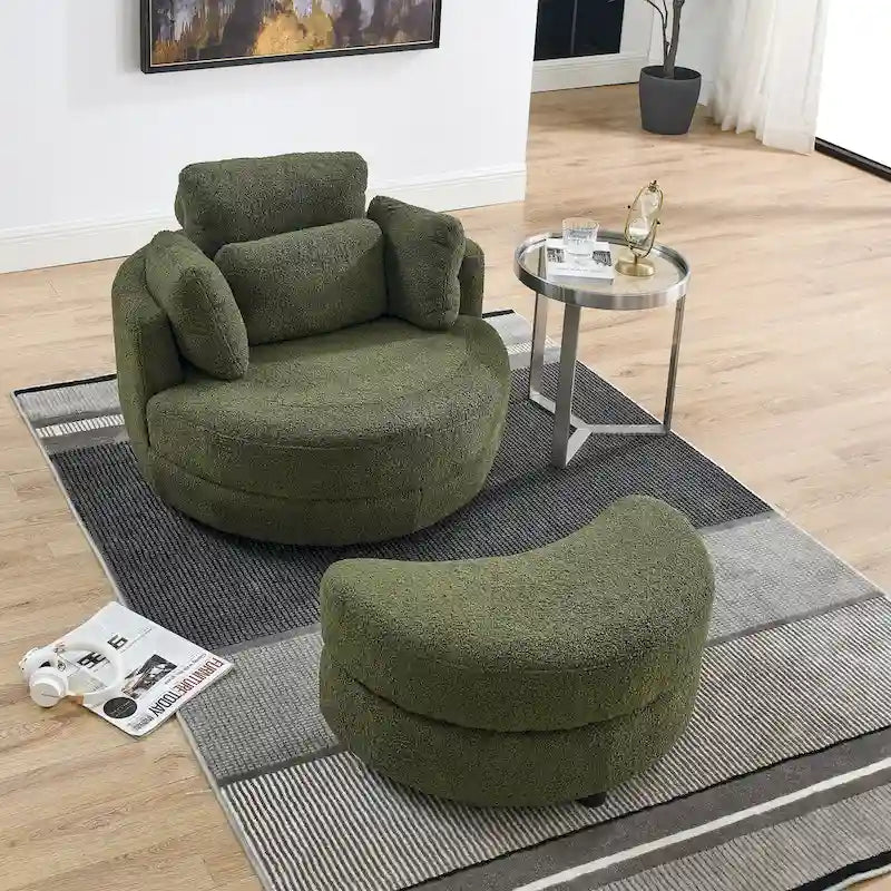 Fauteuil tonneau pivotant vert Ern 52 avec pouf de rangement