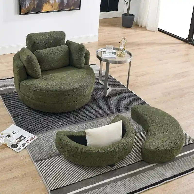 Fauteuil tonneau pivotant vert Ern 52 avec pouf de rangement