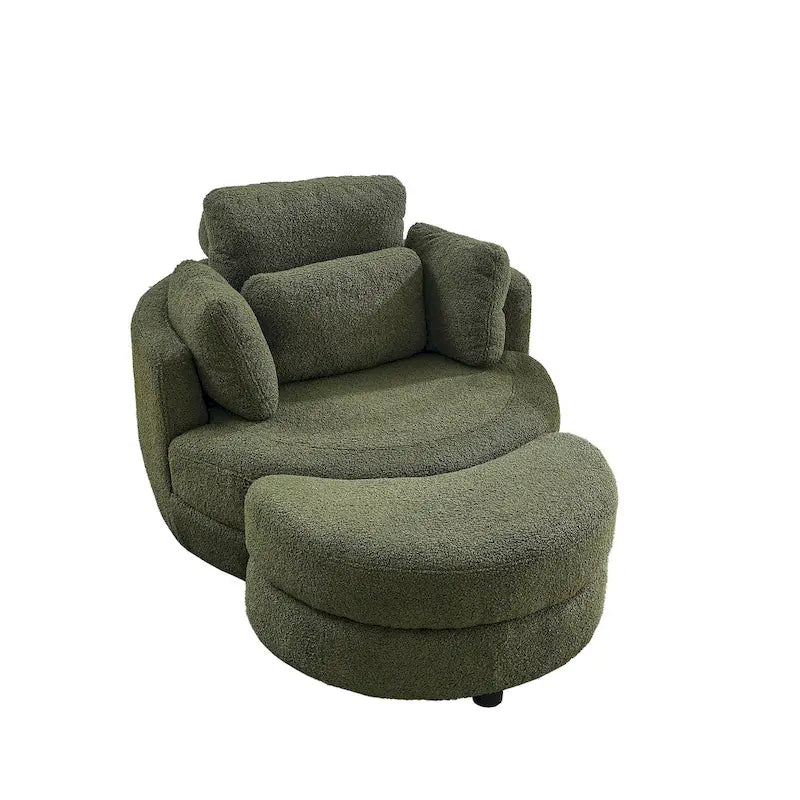 Fauteuil tonneau pivotant vert Ern 52 avec pouf de rangement