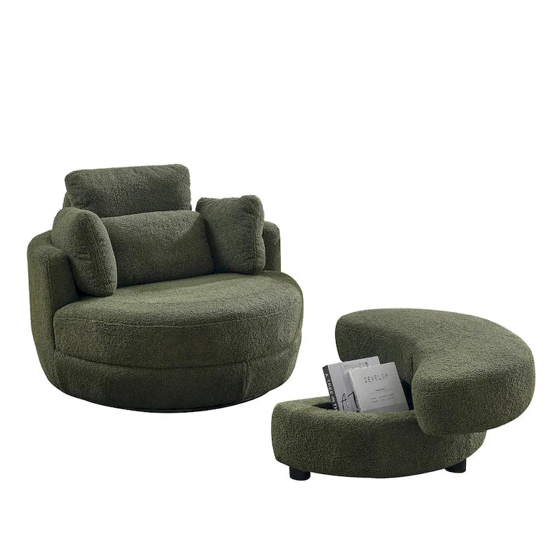 Fauteuil tonneau pivotant vert Ern 52 avec pouf de rangement