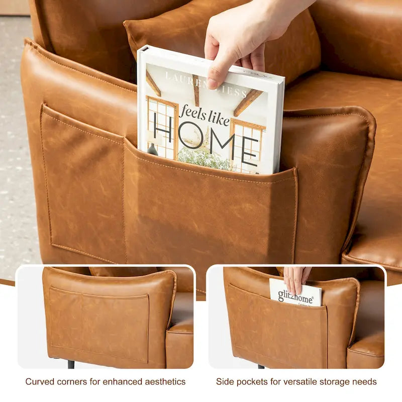 Lot de 2 fauteuils de style Mid-Century en similicuir 29,5 W avec poches latérales – 29,5 L x 32 H x 28,75 P