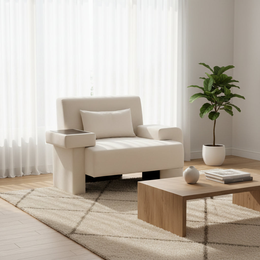 Fauteuil surdimensionné en polyester avec rangement Accoudoir asymétrique et chaise moderne du milieu du siècle, capacité de 102 kg