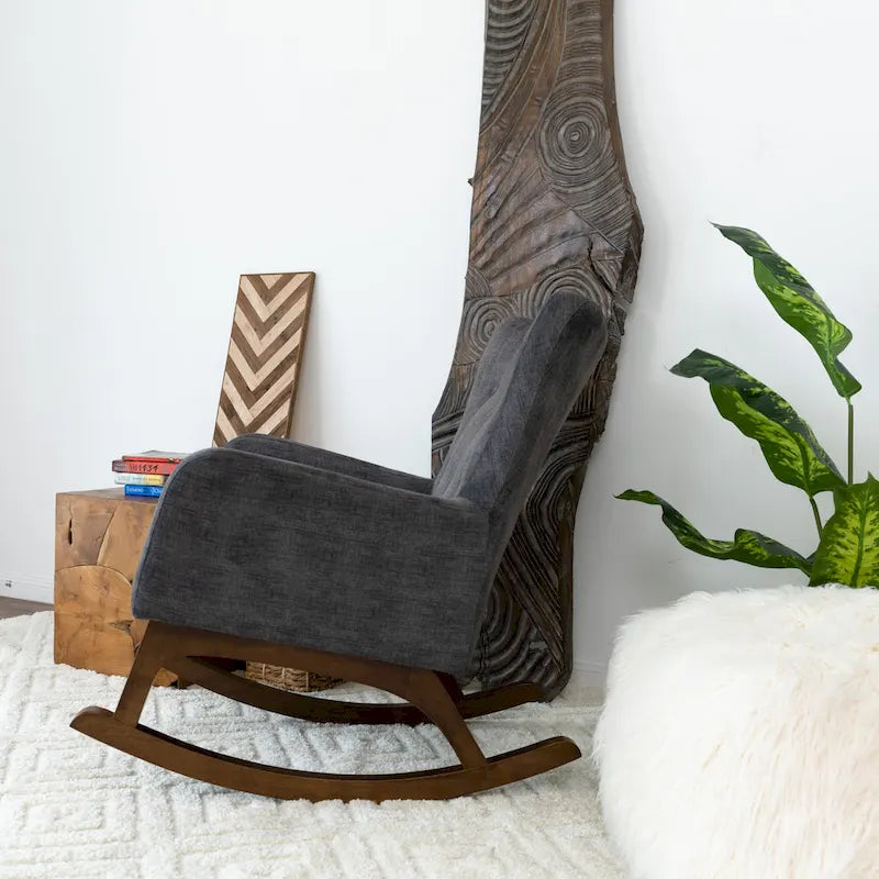 Fauteuils à bascule Cara en velours gris de style Mid-Century pour salon et chambre