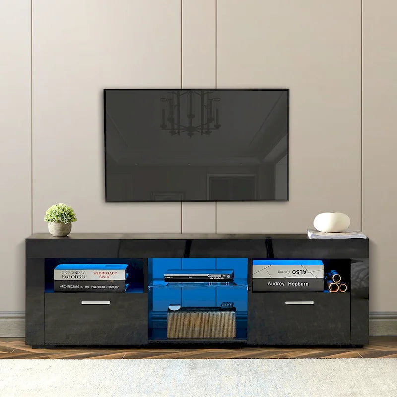 Meuble TV ern 51 po en verre avec rangement pour téléviseurs jusqu'à 69 po et lumières DEL