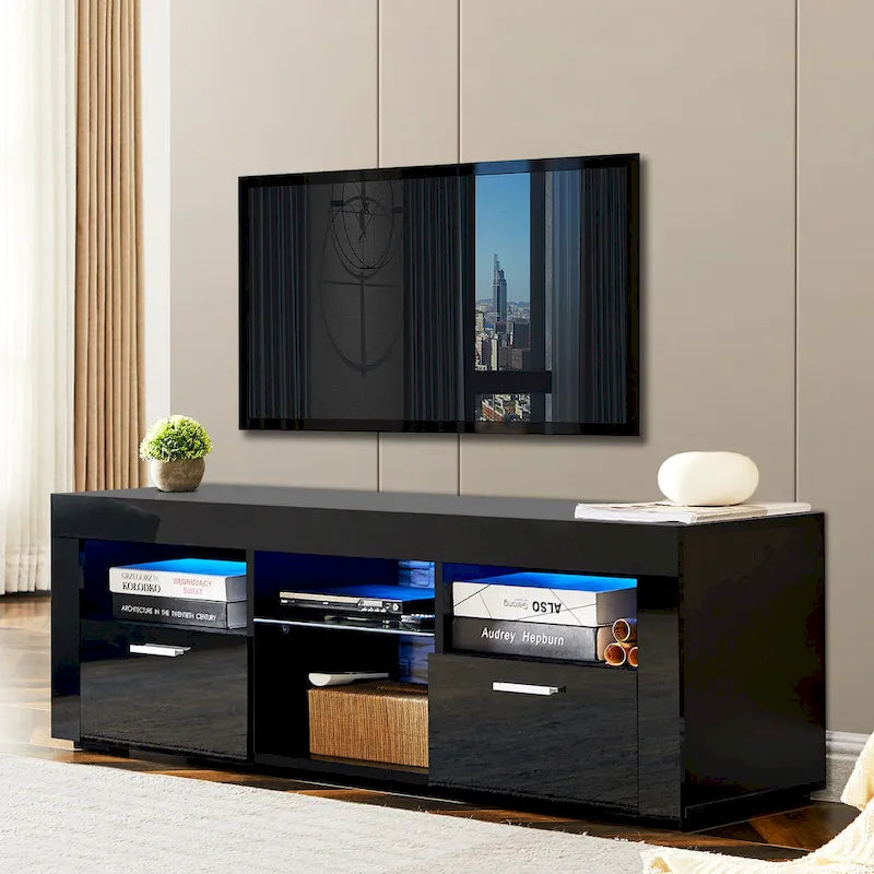 Meuble TV ern 51 po en verre avec rangement pour téléviseurs jusqu'à 69 po et lumières DEL