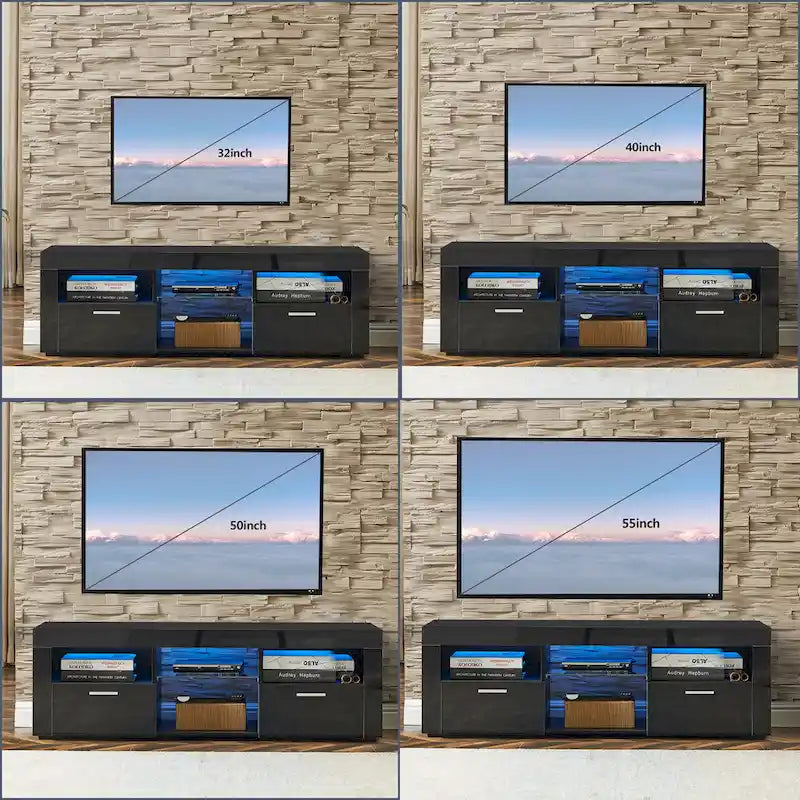 Meuble TV ern 51 po en verre avec rangement pour téléviseurs jusqu'à 69 po et lumières DEL