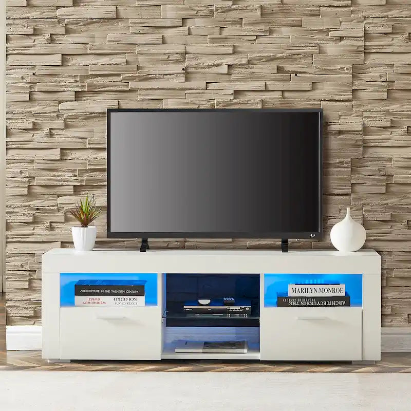 Meuble TV ern 51 po en verre avec rangement pour téléviseurs jusqu'à 69 po et lumières DEL