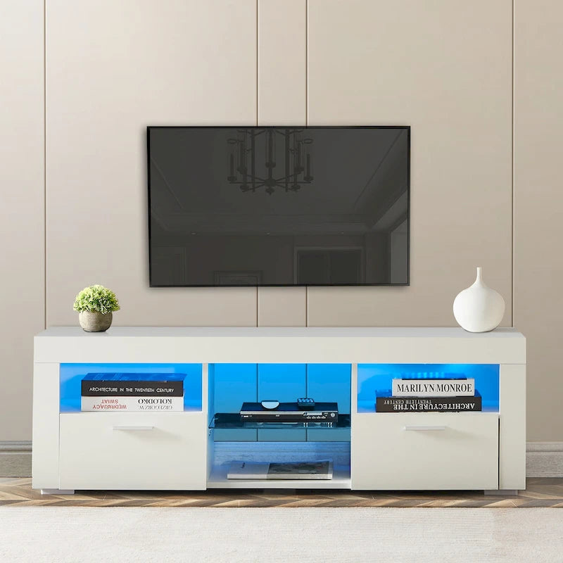 Meuble TV ern 51 po en verre avec rangement pour téléviseurs jusqu'à 69 po et lumières DEL