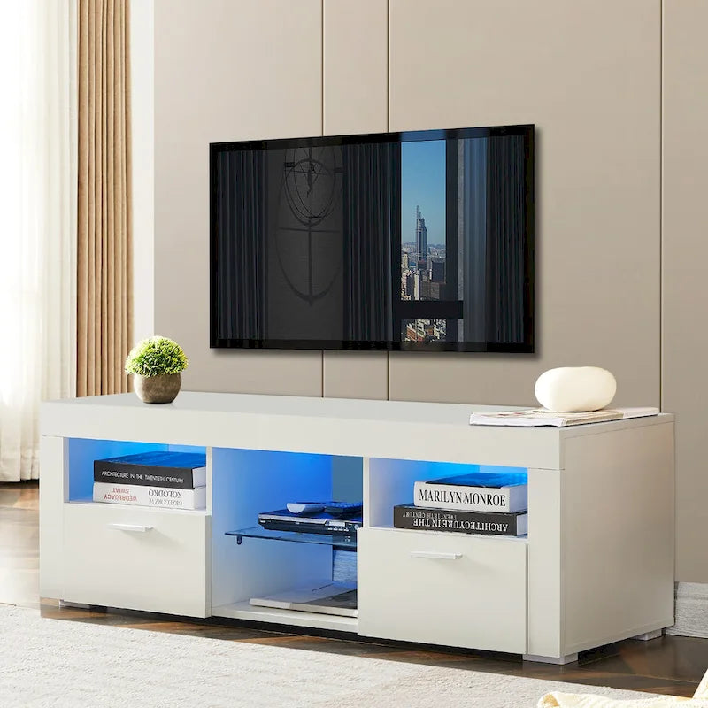 Meuble TV ern 51 po en verre avec rangement pour téléviseurs jusqu'à 69 po et lumières DEL