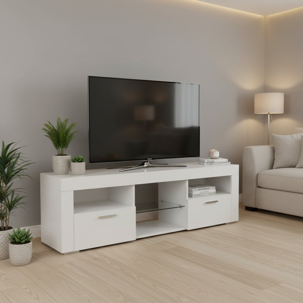 Meuble TV ern 51 po en verre avec rangement pour téléviseurs jusqu'à 69 po et lumières DEL