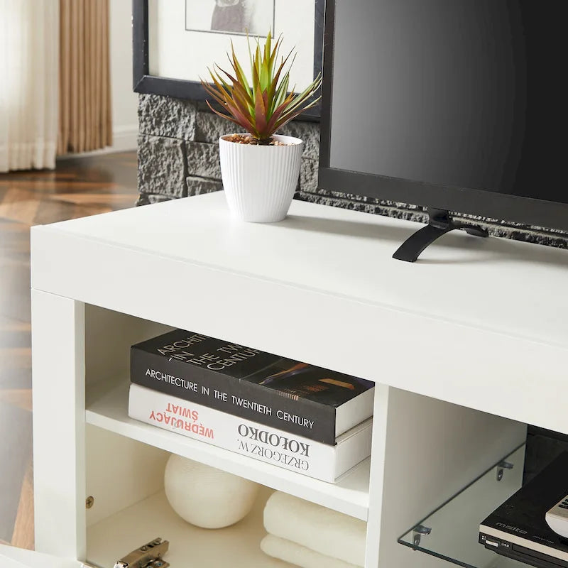 Meuble TV ern 51 po en verre avec rangement pour téléviseurs jusqu'à 69 po et lumières DEL