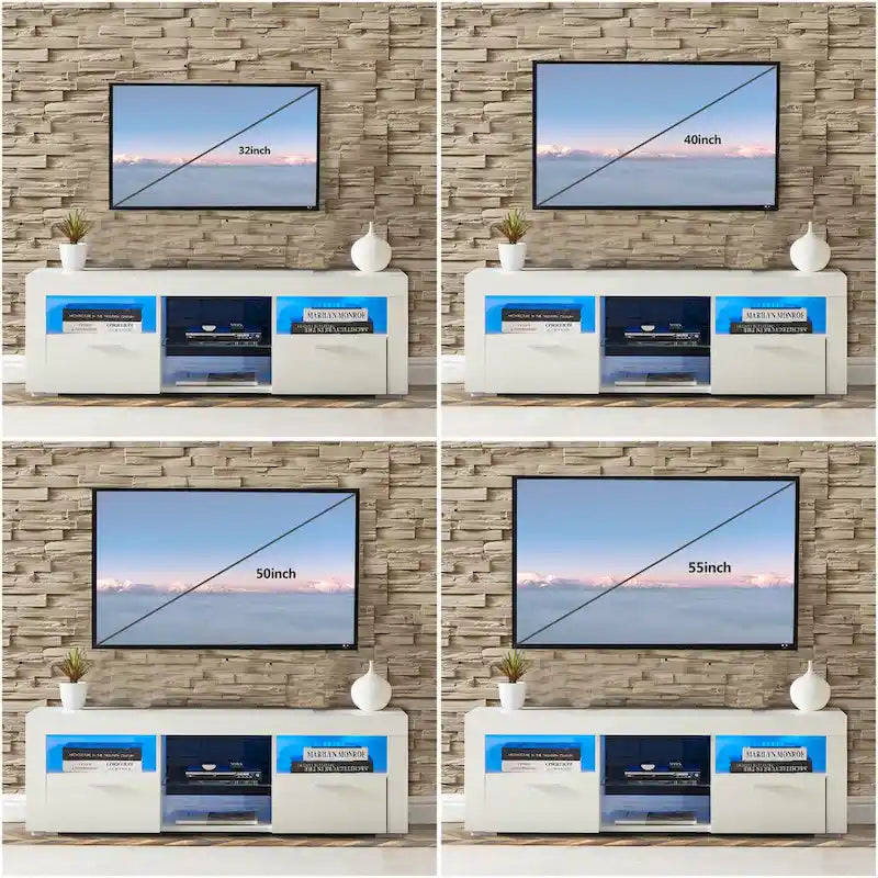 Meuble TV ern 51 po en verre avec rangement pour téléviseurs jusqu'à 69 po et lumières DEL