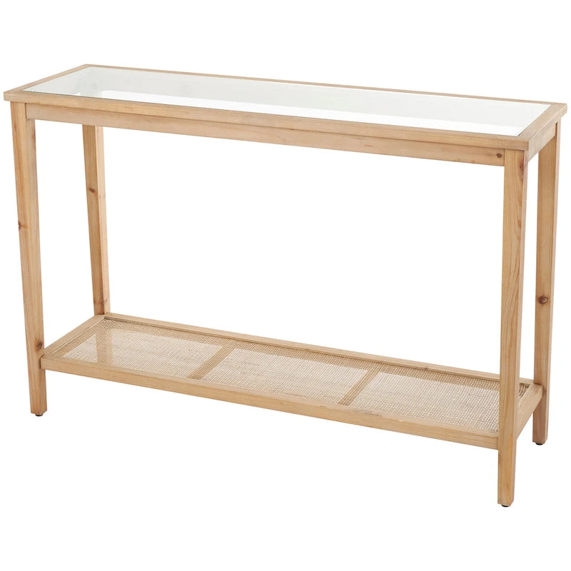 Wood Slim Natural 1 Shelf Console Table with Glass Top and Rattan Shelf - Brown - Roche River Decor - 14Wx47Lx32H