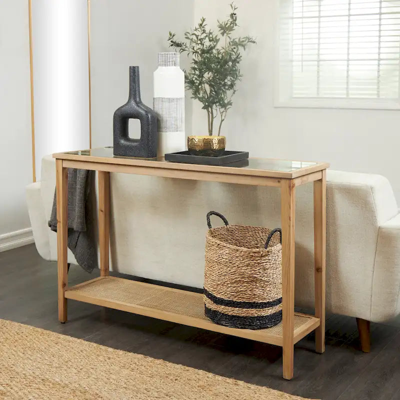 Console en bois massif naturel à couche unique, plateau en verre et étagères en rotin – Marron 35,5 cm de large x 119,4 cm de long x 81,3 cm de haut