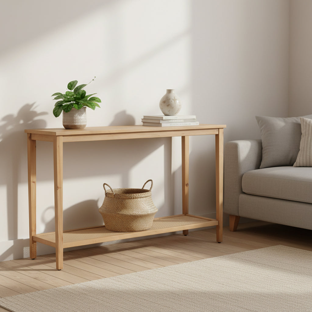 Console en bois massif naturel à couche unique, plateau en verre et étagères en rotin – Marron 35,5 cm de large x 119,4 cm de long x 81,3 cm de haut
