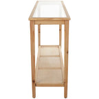 Console en bois massif naturel à couche unique, plateau en verre et étagères en rotin – Marron 35,5 cm de large x 119,4 cm de long x 81,3 cm de haut