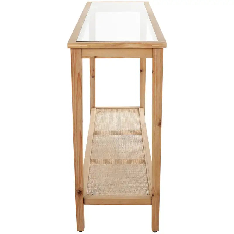 Console en bois massif naturel à couche unique, plateau en verre et étagères en rotin – Marron 35,5 cm de large x 119,4 cm de long x 81,3 cm de haut