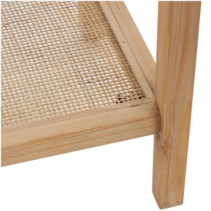 Console en bois massif naturel à couche unique, plateau en verre et étagères en rotin – Marron 35,5 cm de large x 119,4 cm de long x 81,3 cm de haut