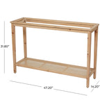 Console en bois massif naturel à couche unique, plateau en verre et étagères en rotin – Marron 35,5 cm de large x 119,4 cm de long x 81,3 cm de haut