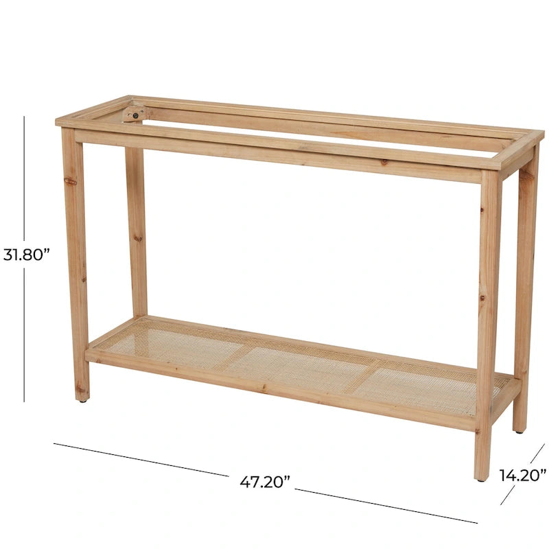 Console en bois massif naturel à couche unique, plateau en verre et étagères en rotin – Marron 35,5 cm de large x 119,4 cm de long x 81,3 cm de haut