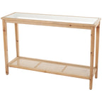 Console en bois massif naturel à couche unique, plateau en verre et étagères en rotin – Marron 35,5 cm de large x 119,4 cm de long x 81,3 cm de haut