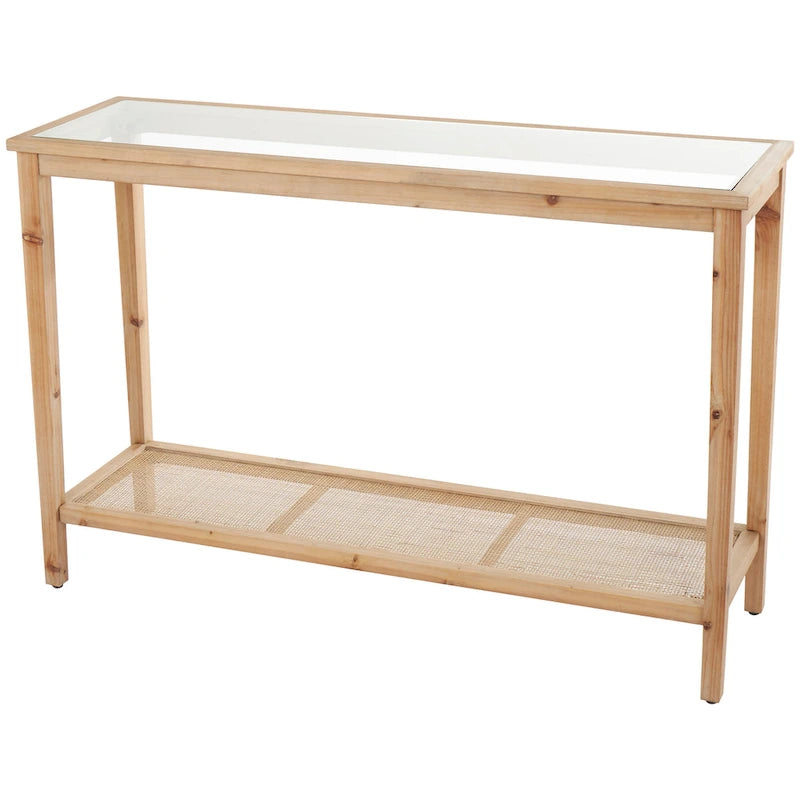 Console en bois massif naturel à couche unique, plateau en verre et étagères en rotin – Marron 35,5 cm de large x 119,4 cm de long x 81,3 cm de haut