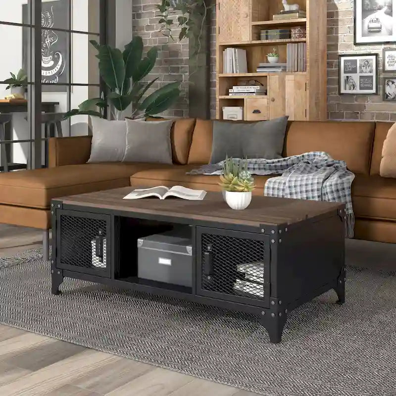 Conner Rustic Black and Dark Walnut 48-inch Steel Storage Coffee Table by  