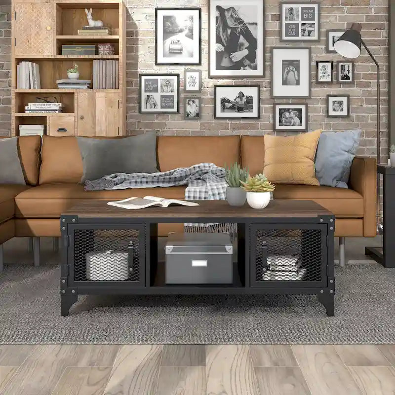 Table basse de rangement Conner Rustic noir et noyer foncé en acier de 48 pouces par
