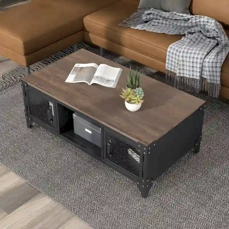 Table basse de rangement Conner Rustic noir et noyer foncé en acier de 48 pouces par