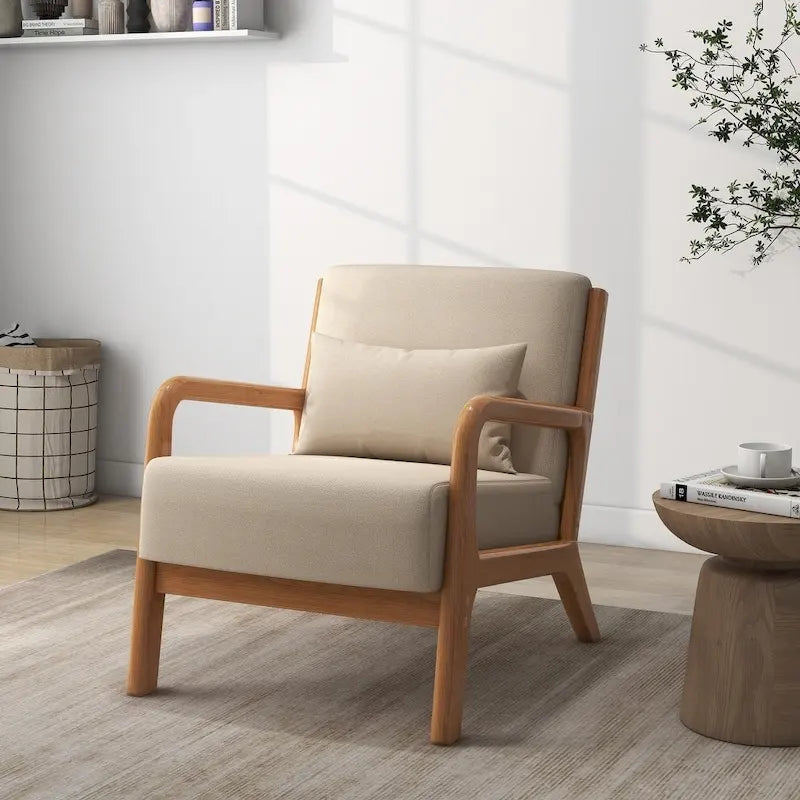 Fauteuil à accoudoirs en bois, rembourré en tissu, style Mid-Century Modern