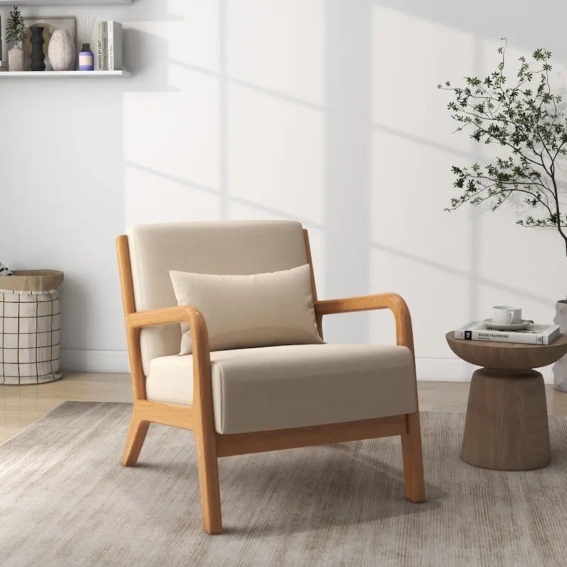 Fauteuil à accoudoirs en bois, rembourré en tissu, style Mid-Century Modern