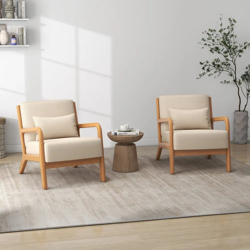 Fauteuil à accoudoirs en bois, rembourré en tissu, style Mid-Century Modern
