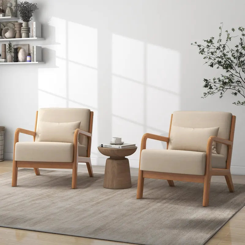 Fauteuil à accoudoirs en bois, rembourré en tissu, style Mid-Century Modern