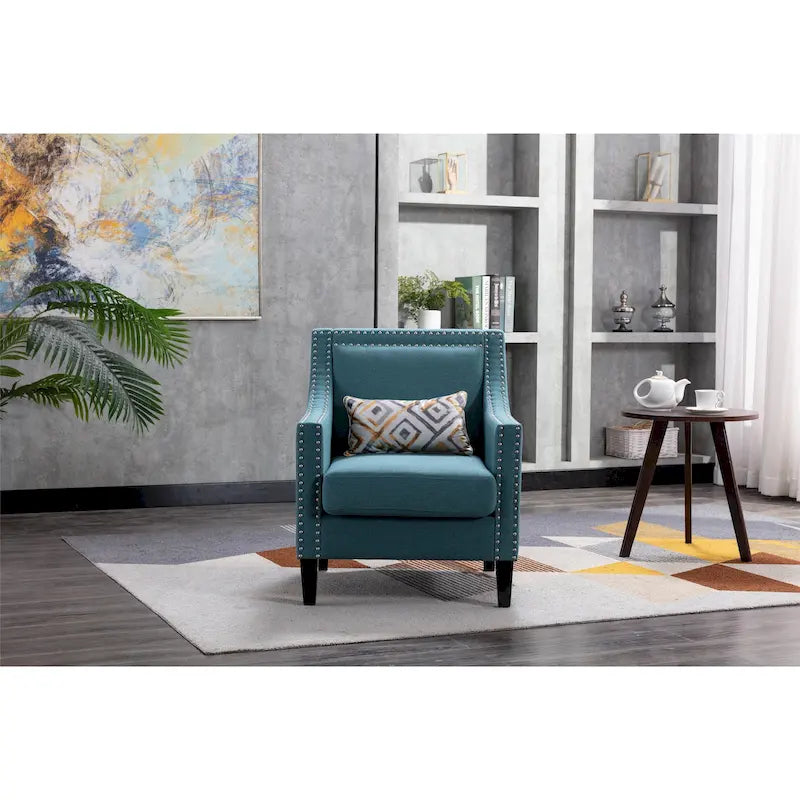 Fauteuil de salon en tissu de lin clouté avec pieds en bois massif