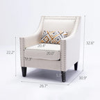 Fauteuil de salon en tissu de lin clouté avec pieds en bois massif
