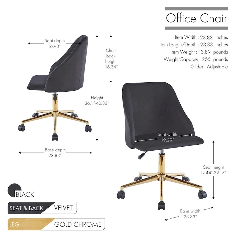 Chaise de bureau pivotante Ryo, velours, pieds chromés dorés