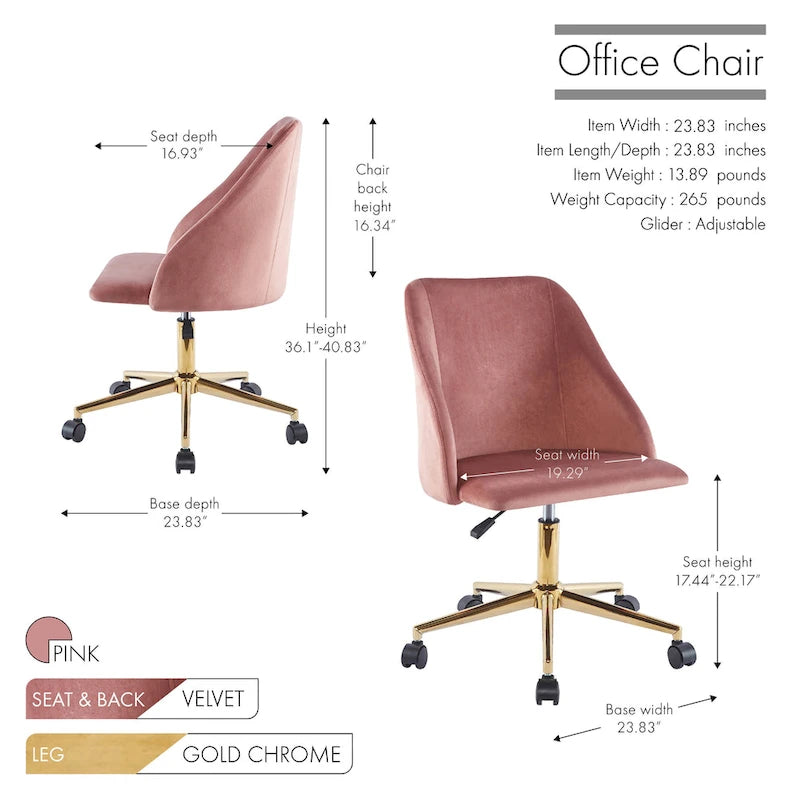 Chaise de bureau pivotante Ryo, velours, pieds chromés dorés