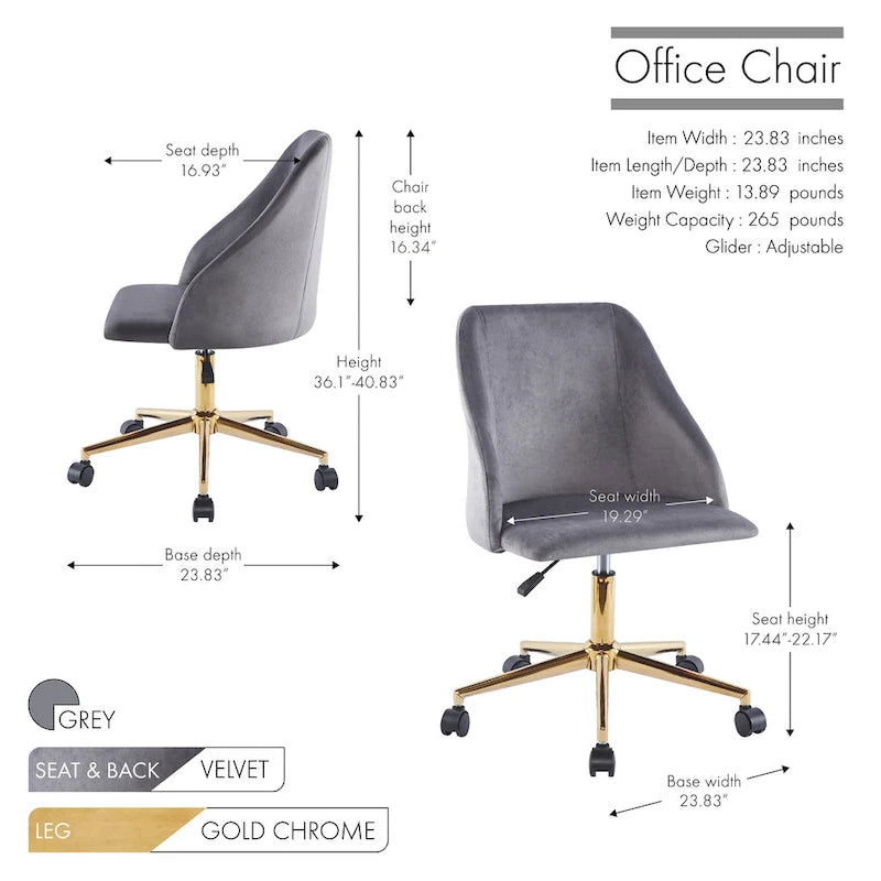 Chaise de bureau pivotante Ryo, velours, pieds chromés dorés