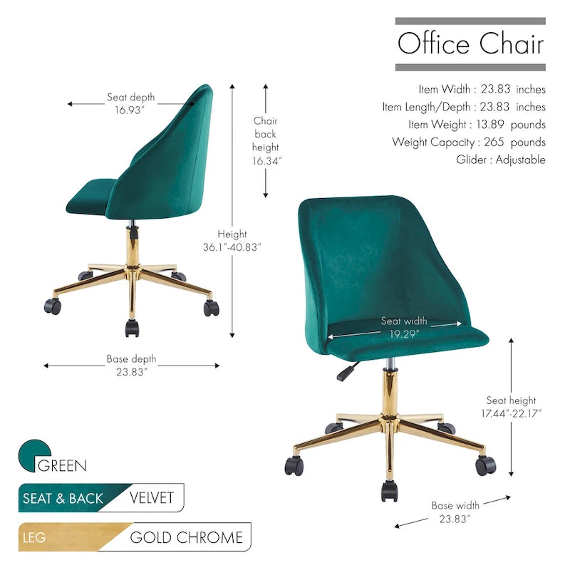 Chaise de bureau pivotante Ryo, velours, pieds chromés dorés