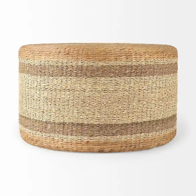 Pouf Table Basse Ronde en Jonc de Mer Rayé Maya Brown