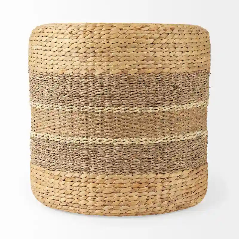 Pouf Table Basse Ronde en Jonc de Mer Rayé Maya Brown