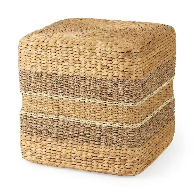 Pouf Table Basse Ronde en Jonc de Mer Rayé Maya Brown