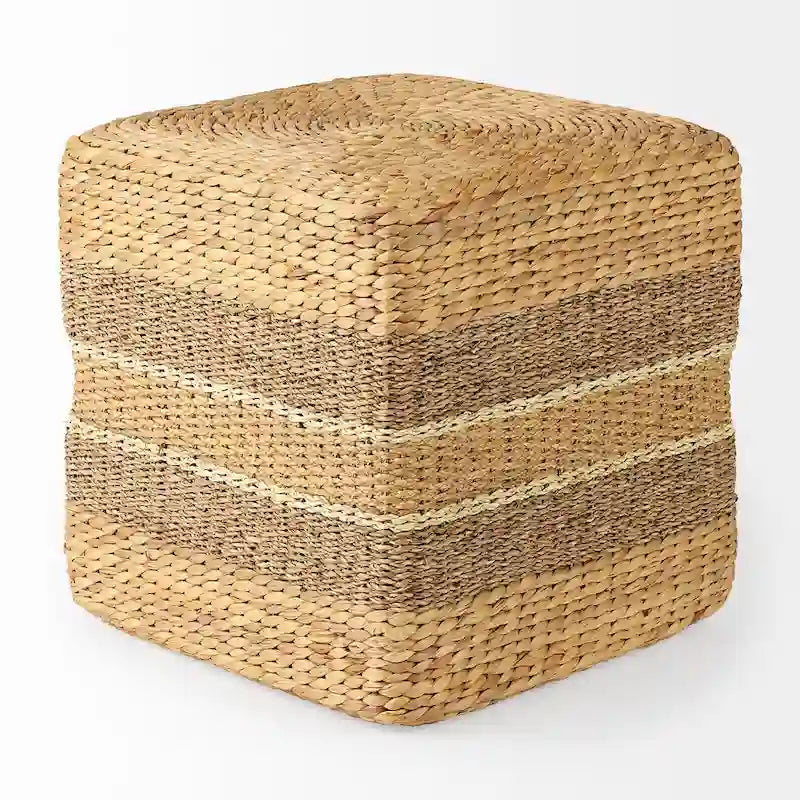 Pouf Table Basse Ronde en Jonc de Mer Rayé Maya Brown