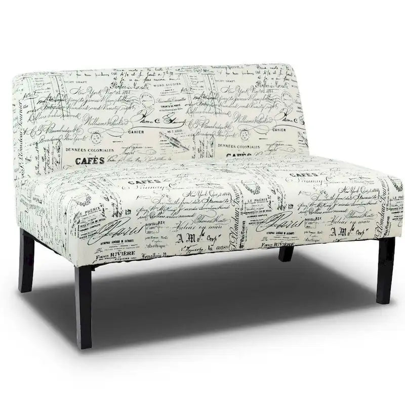  ern Loveseat Sofa with Off-White Cursive Pattern Upholstery and Black Wood Legs - 50 x 28 x 30.5 (L x W x H)