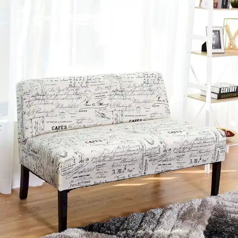 Canapé causeuse moderne avec revêtement en tissu à motif cursif blanc cassé et pieds en bois noir - 50 x 28 x 30,5 (L x l x H)