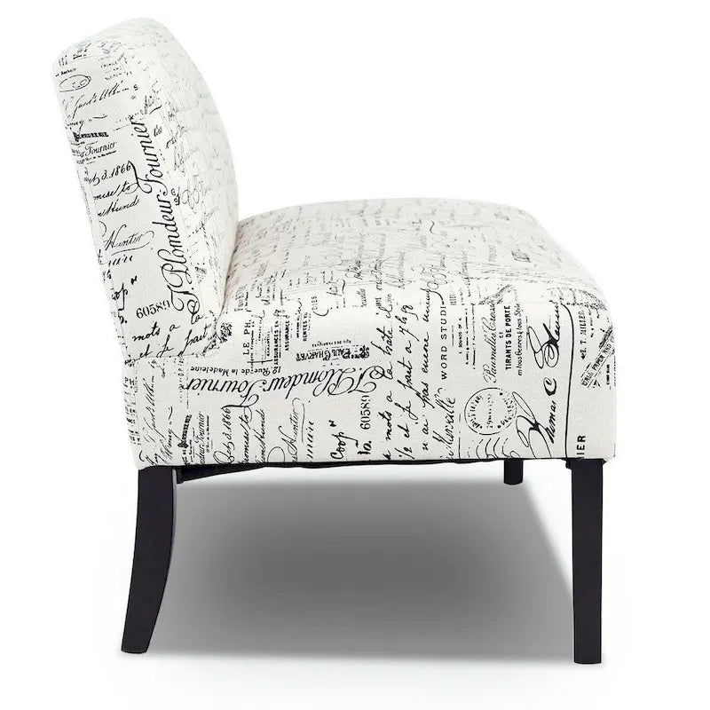 Canapé causeuse moderne avec revêtement en tissu à motif cursif blanc cassé et pieds en bois noir - 50 x 28 x 30,5 (L x l x H)