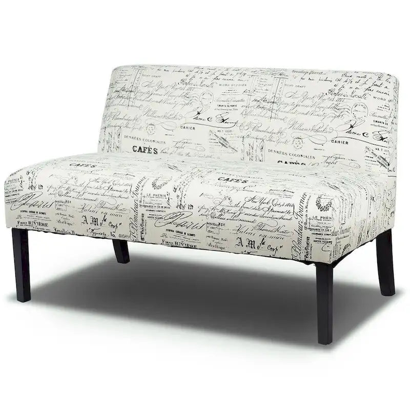 Canapé causeuse moderne avec revêtement en tissu à motif cursif blanc cassé et pieds en bois noir - 50 x 28 x 30,5 (L x l x H)