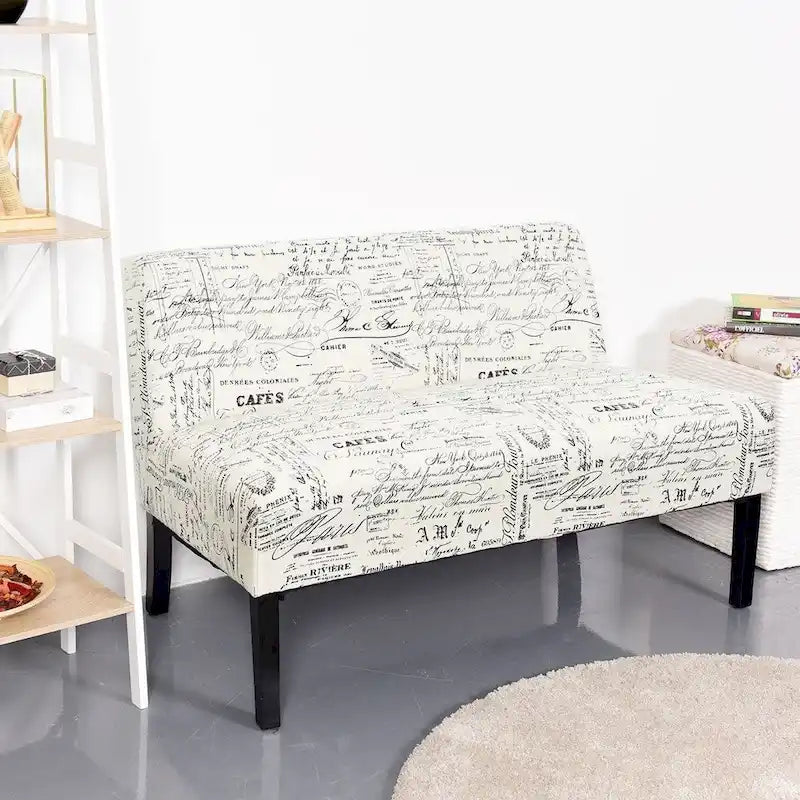 Canapé causeuse moderne avec revêtement en tissu à motif cursif blanc cassé et pieds en bois noir - 50 x 28 x 30,5 (L x l x H)