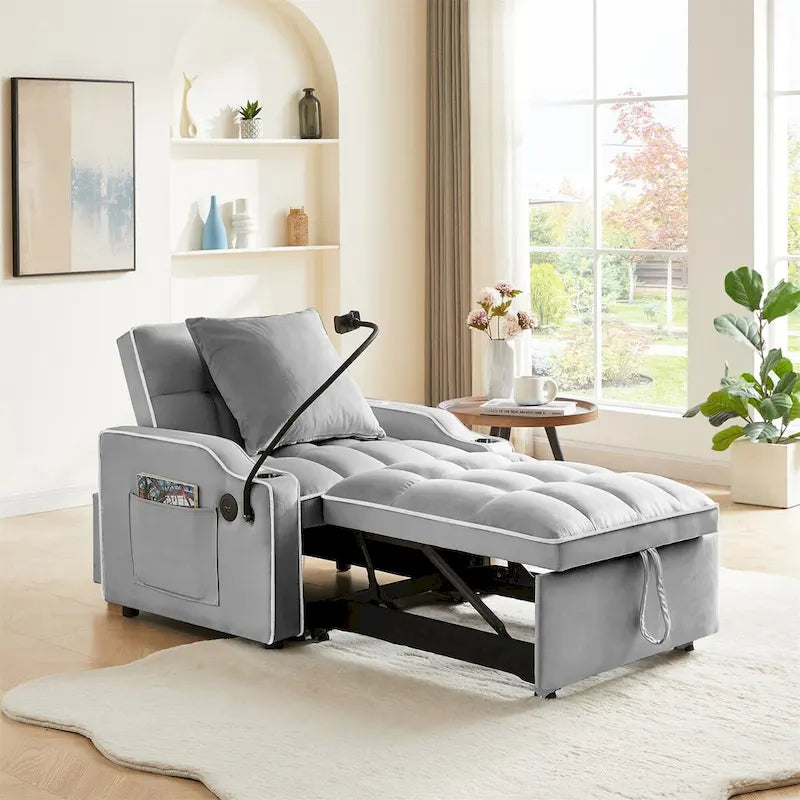Convertible Sleeper Sofa Bed with USB-Port and Cup Holders